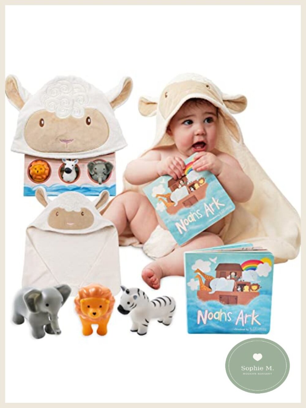 Noah's Ark Baby Baptism Gift Set 5-Piece Hooded Towel Bath Toys